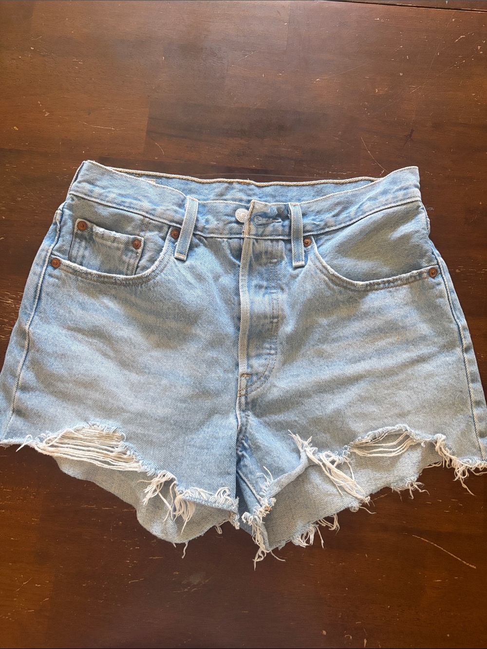 Levi's Light Blue Distressed High-Rise Jean Shorts